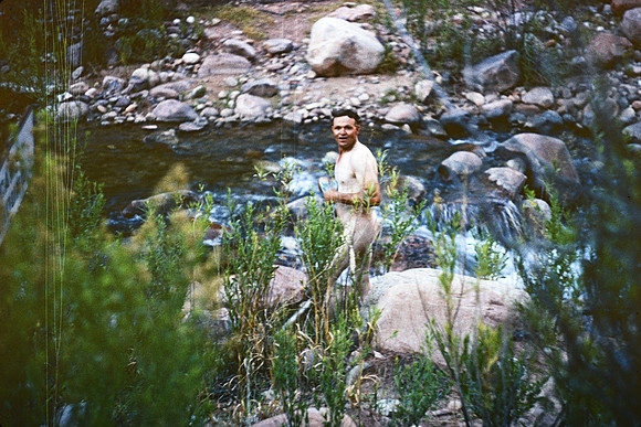 1950s 071, Fred G. Johnson at %22bawth%22 Bright Angel Creek, June 25 1953